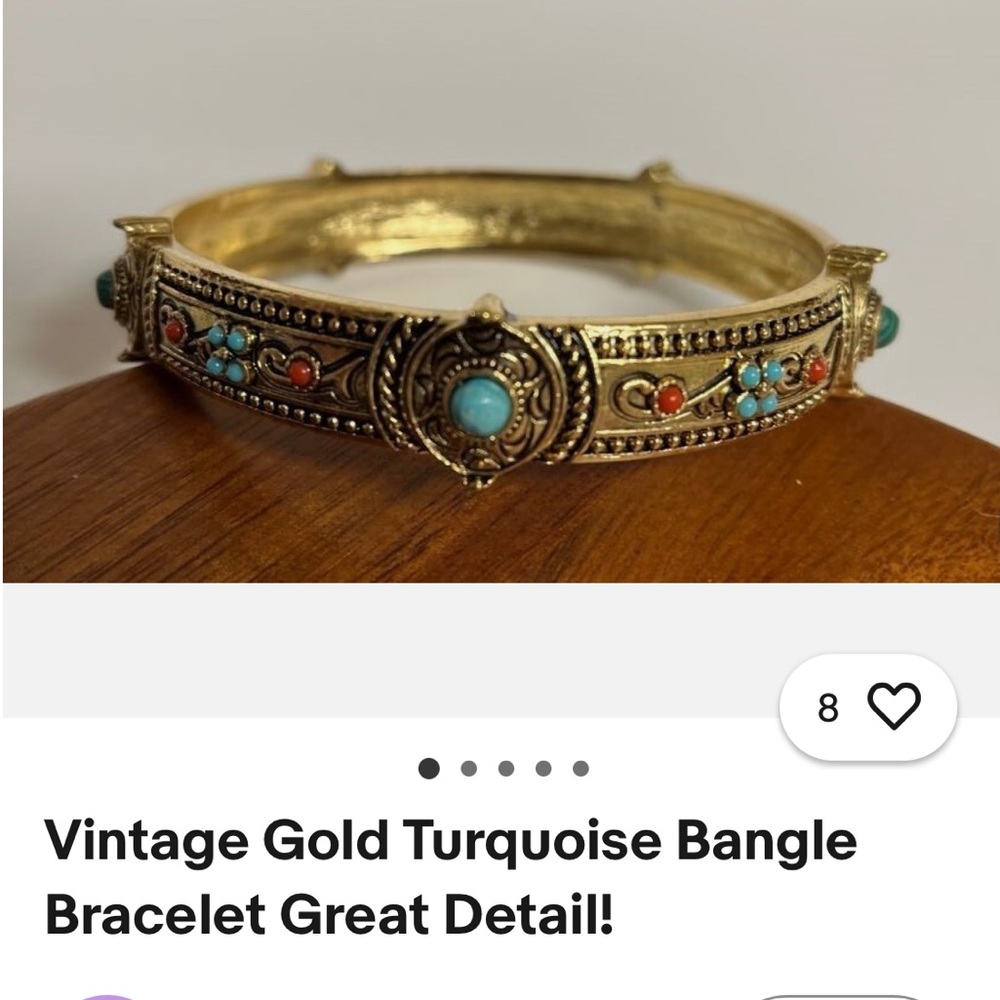 Gold-Tone Turquoise & Coral Accent Bangle Bracelet. - Picture 7 of 9